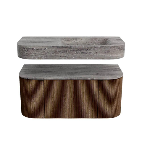 MONDIAZ THOR-DLUX Meuble de salle de bains - 100cm - arrondi gauche + droite - couleur Walnut - 1 tiroir et 2 portes - Vasque suspendue CLOUD Droite sans trou de robinet - couleur Oza SW1467576