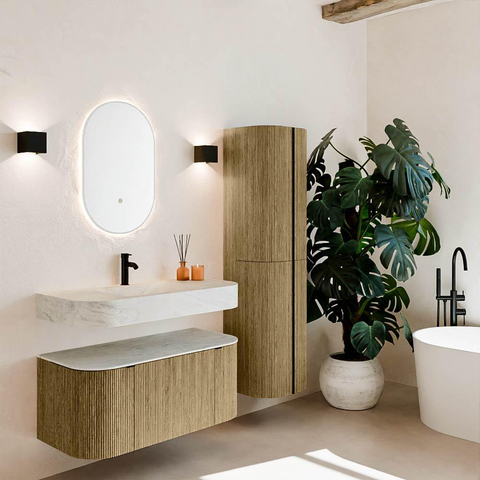 MONDIAZ THOR-DLUX Meuble de salle de bains - 100cm - arrondi gauche + droite - couleur Dusk - 1 tiroir - 2 portes - Vasque suspendue CLOUD Milieu 1 trou de robinet couleur Opalo SW1467348