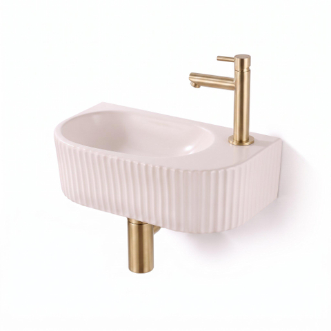 QeramiQ Fuente Lavabo pour WC - 40x22x12 cm - nervure - demi-rond - trou de robinet de Lavabo pour WC a droite - ceramique - robinet de Lavabo pour WC laiton brosse - siphon bas - bonde - lin SW1583216