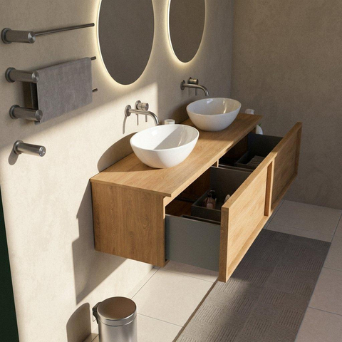 Saniclass Holz Frame Ensemble meuble de salle de bains - 160x45x40cm - plan de travail en bois - sans trous de robinet - 2 tiroirs - Chêne Natural SW1479055