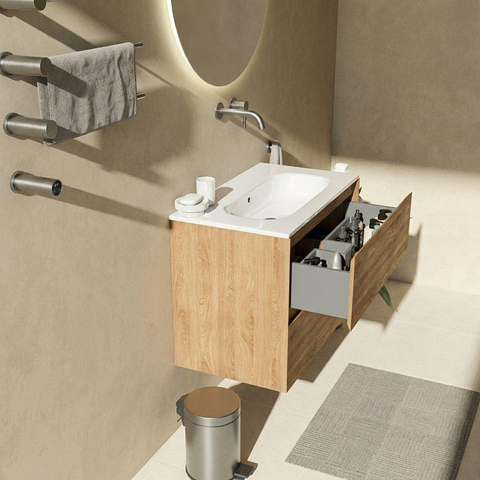 Saniclass Holz Pure Badkamermeubelset - 80x45x73.9cm - Chaci keramische wastafel wit - 1 wasbak - zonder kraangat - 2 lades - mat eiken natural (hout) SW1478796