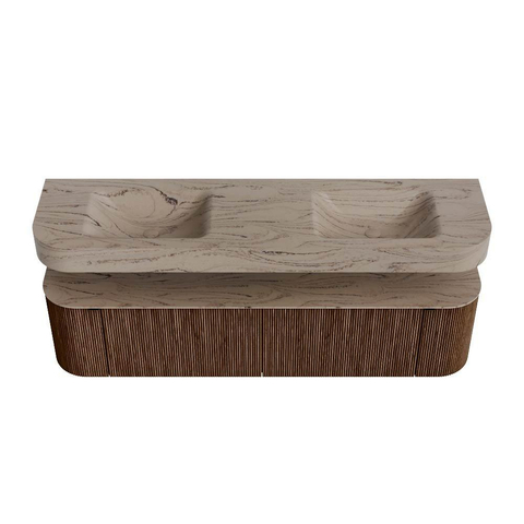 MONDIAZ THOR-DLUX 180cm badmeubel ronding links + rechts kleur Walnut met 2 lades en 2 deuren. Vrijhangende wastafel CLOUD Dubbel 2 kraangaten kleur Arena. SW1466124