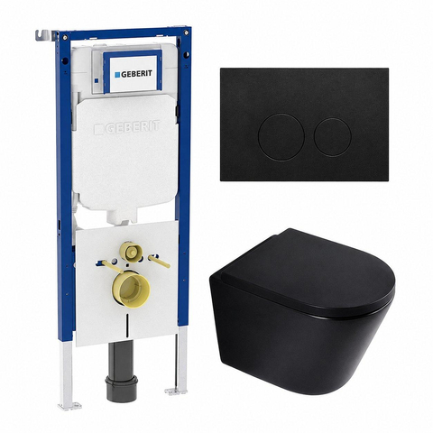QeramiQ Dely Toiletset - 36.3x51.7cm - diepspoel - rimless - Geberit UP720 inbouwreservoir - softclose toilet zitting - 35mm - metaal mat zwarte bedieningsplaat - ronde knoppen - mat zwart SW1427104
