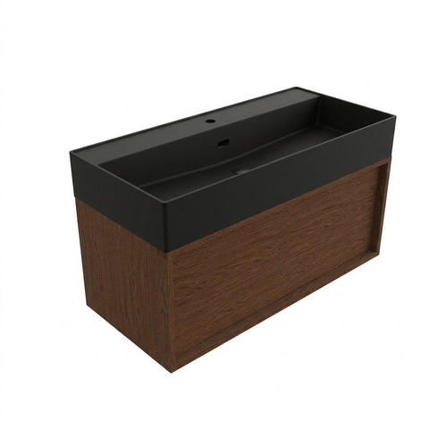 Saniclass Holz Frame Badkamermeubelset - 100x45x52cm - Legend keramische wastafel mat zwart - 1 wasbak - 1 kraangat - 1 lade - mat walnut pure (hout) SW1579691