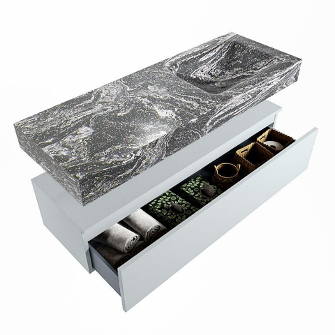 Mondiaz ALAN-DLUX Ensemble de meuble - 130cm - meuble Clay mat - 1 tiroir - Lavabo Cloud Lava suspendu - vasque Droite - 1 trou de robinet SW808537