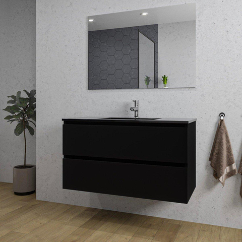 Saniclass Chaci Meuble de salle de bain - 100x45x55cm - lavabo en céramique noir mat - 1 vasque - 1 trou de robinet - 2 tiroirs - noir mat SW809381