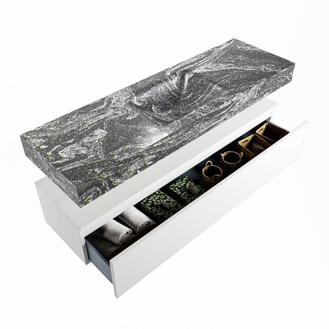 Mondiaz ALAN-DLUX Ensemble de meuble - 150cm - meuble Talc mat - 1 tiroir - Lavabo Cloud Lava suspendu - vasque Centre - 1 trou de robinet SW807896