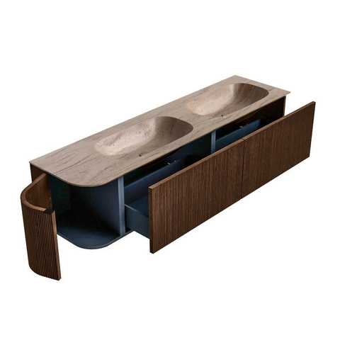 MONDIAZ KURVE-DLUX 175cm meuble de salle de bains arrondi à gauche couleur Walnut avec 2 tiroirs et 1 porte. Lavabo STOR SMALL Double / Droite sans trou de robinet Saba. SW1433223