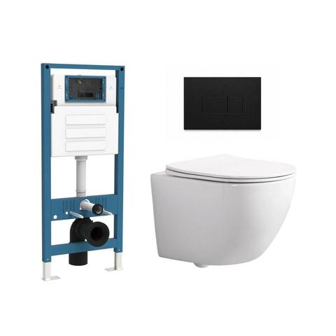 QeramiQ Dely Swirl Compact Ensemble WC - réservoir encastré QeramiQ flush - abattant slim - plaque de commande en plastique noir mat - boutons rectangulaires - blanc brillant SW1590490