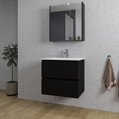 Saniclass Chaci Meuble de salle de bain - 60x46x55cm - lavabo en céramique blanc - 1 vasque - 1 trou de robinet - 2 tiroirs - armoire miroir - noir mat SW826908