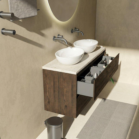 Saniclass Holz Pure Badkamermeubelset - 120x45x63cm - Travertine natuurstenen topblad - zonder kraangat - 4 lades - mat eiken charcoal (hout) SW1478882