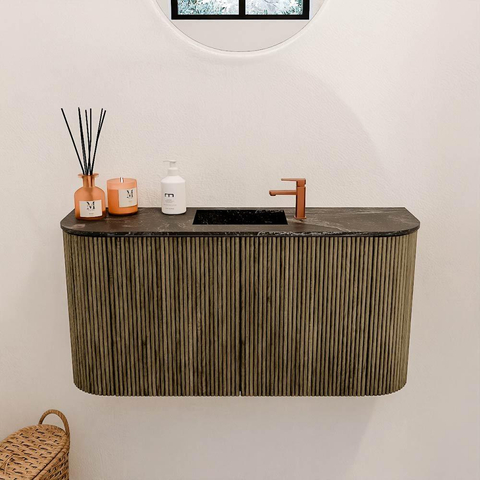 Mondiaz JOYA-DLUX 83.2cm meuble de salle de bains - arrondi gauche et droit couleur Dusk - Vasque FAYE position Milieu 1 trou de robinet couleur Lava. SW1423287