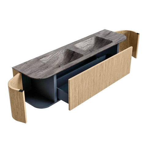 MONDIAZ KURVE-DLUX 170cm badmeubel ronding Links + Rechts kleur Oak met 1 lade en 2 deuren. Wastafel LEAF Dubbel zonder kraangat Oza. SW1432664