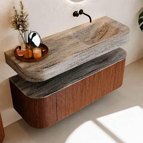 MONDIAZ THOR-DLUX 130cm meuble de salle de bains arrondi gauche + droite couleur Ruby avec 1 tiroir et 2 portes. Vasque suspendue CLOUD droite sans trou de robinet couleur Oza. SW1464009