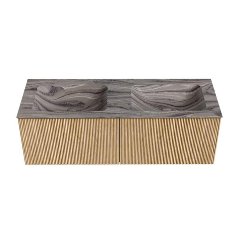 MONDIAZ KURVE-DLUX Meuble de salle de bains 130cm couleur Chêne avec 2 tiroirs et 0 portes. Lavabo LEAF Double 2 trous de robinet Sombra. SW1433599