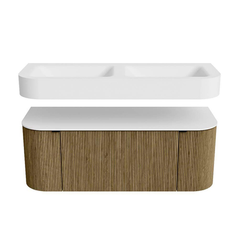 MONDIAZ THOR Meuble de salle de bains 120cm arrondi gauche + droite couleur Dusk avec 1 tiroir et 2 portes. Vasque suspendue CLOUD Double 2 trous de robinet couleur Talc. SW1463239
