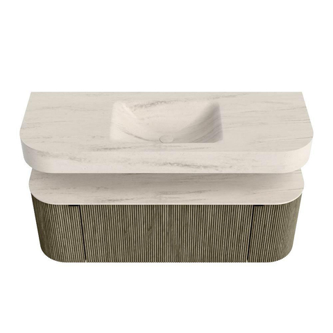 MONDIAZ THOR-DLUX Meuble de salle de bains 130cm arrondi gauche + droite couleur Shadow avec 1 tiroir et 2 portes. Vasque suspendue CLOUD Milieu sans trou de robinet couleur Meli. SW1463841