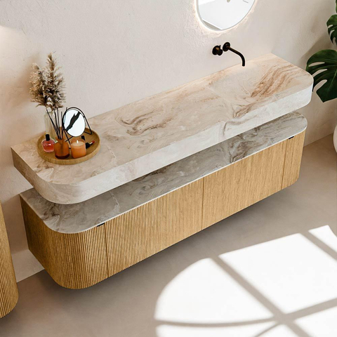 MONDIAZ THOR-DLUX 180cm badmeubel ronding links + rechts kleur Oak met 2 lades en 2 deuren. Vrijhangende wastafel CLOUD Rechts zonder kraangat kleur Frappe. SW1465875