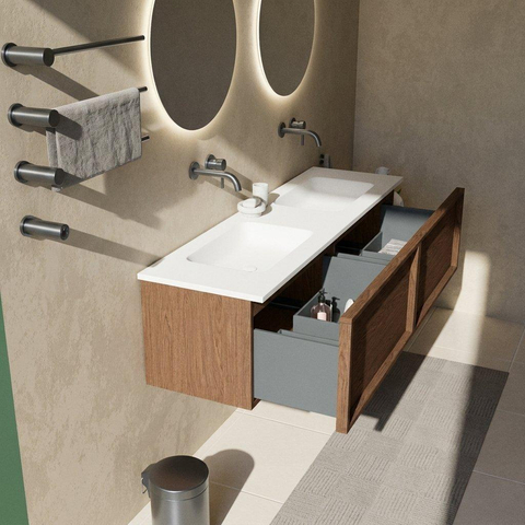 Saniclass Holz Frame Ensemble de meubles de salle de bains - 160x45x57.5cm - vasque Torino en solid surface blanche - sans trou de robinet - 2 tiroirs - noyer pure mat (bois) SW1478690