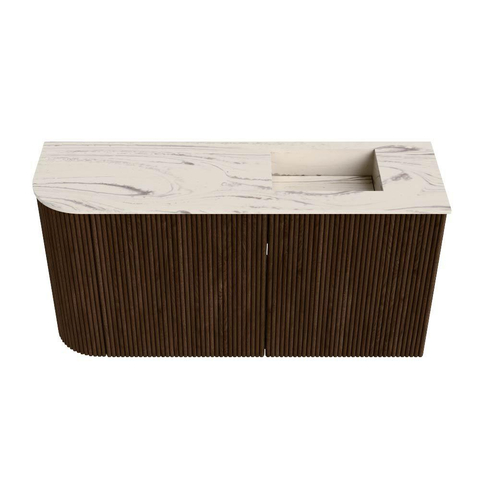 Mondiaz JOYA-DLUX Meuble de toilette 81,6cm - arrondi gauche couleur Noyer - Vasque FAYE position Droite 1 trou de robinet couleur Nata SW1424519
