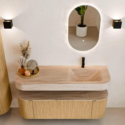 MONDIAZ THOR-DLUX 140cm badmeubel ronding links + rechts kleur Oak met 1 lade en 2 deuren. Vrijhangende wastafel CLOUD Rechts 1 kraangat kleur Saba. SW1464301