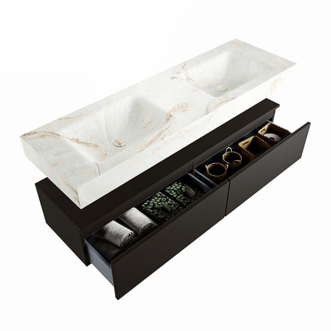 Mondiaz ALAN-DLUX Ensemble de meuble - 150cm - meuble Urban mat - 2 tiroirs - Lavabo Cloud Frappe suspendu - vasque Gauche et droite - 0 trous de robinet SW805672