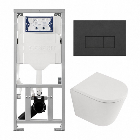 QeramiQ Dely Toiletset - 36.3x51.7cm - diepspoel - rimless - Geberit UP320 inbouwreservoir - softclose toilet zitting - 35mm - bedieningsplaat antraciet mat - rechthoekige knoppen - mat wit SW1235369