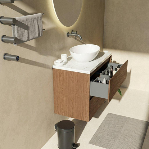 Saniclass Holz Pure Badkamermeubelset - 80x45x63cm - Dia marmeren wastafelblad gepolijst (wit) - zonder kraangat - 2 lades - mat walnut pure (hout) SW1478327
