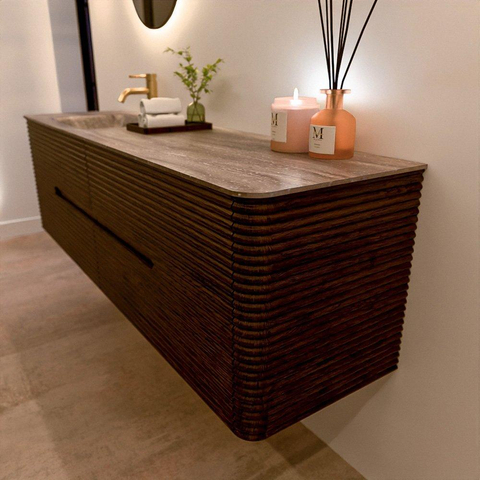 Mondiaz CIRO-DLUX Meuble de salle de bains - 170x45x50cm - Plan vasque Solid surface Oza - 1 vasque à gauche - 1 trou pour robinet - 4 tiroirs - Noyer SW1530705