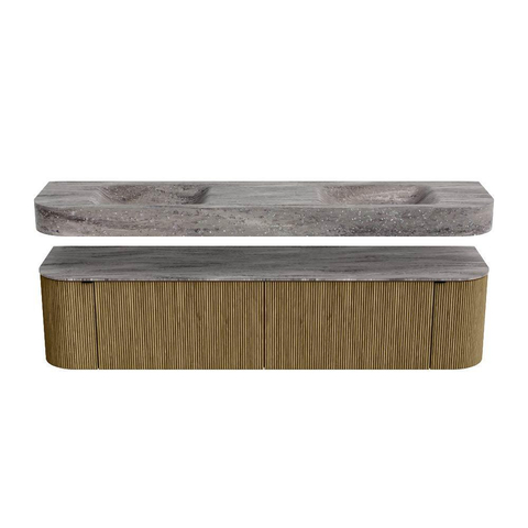 MONDIAZ THOR-DLUX 190cm meuble de salle de bains arrondi gauche + droite couleur Dusk avec 2 tiroirs et 2 portes. Vasque suspendue CLOUD Double 2 trous de robinet couleur Oza. SW1466646