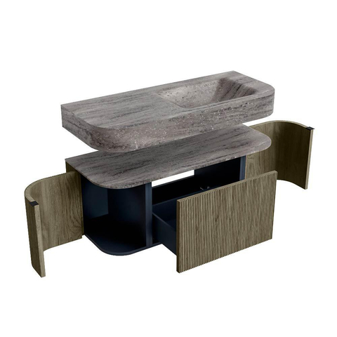 MONDIAZ THOR-DLUX 110cm meuble de salle de bains arrondi gauche + droite couleur Shadow avec 1 tiroir et 2 portes. Vasque suspendue CLOUD Droite sans trou de robinet couleur Oza. SW1463073