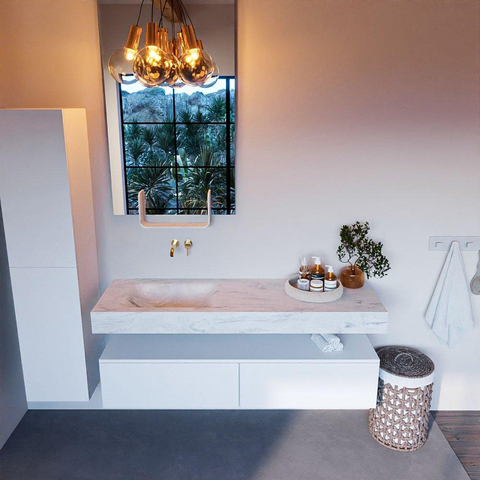 Mondiaz ALAN-DLUX Ensemble de meuble - 150cm - meuble Talc mat - 2 tiroirs - Lavabo Cloud Opalo suspendu - vasque Gauche - 0 trous de robinet SW806380