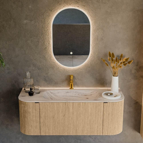 MONDIAZ KURVE-DLUX 120cm badmeubel ronding Links + Rechts kleur Oak met 1 lade en 2 deuren. Wastafel BIG SMALL Midden 1 kraangat Nata. SW1432070