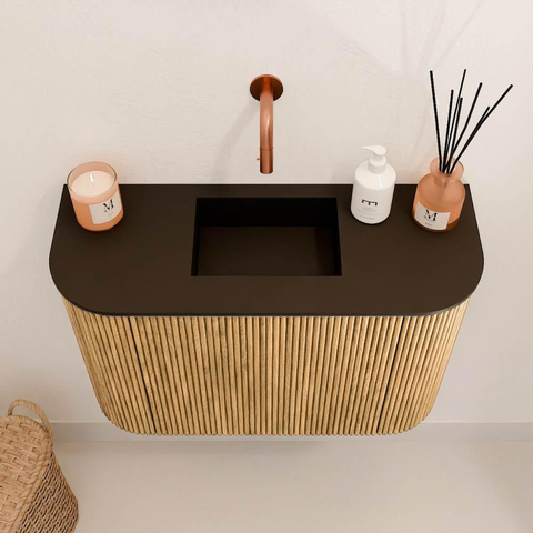 Mondiaz JOYA Meuble de toilette 63,2cm - arrondi gauche et droite couleur Oak - Vasque FAYE position Milieu Sans trou de robinet couleur Urban SW1421247