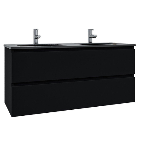 Saniclass Chaci Meuble de salle de bain - 120x46x55cm - lavabo en céramique noir - 2 vasques - 2 trous de robinet - 2 tiroirs - miroir rectangulaire - noir mat SW816581
