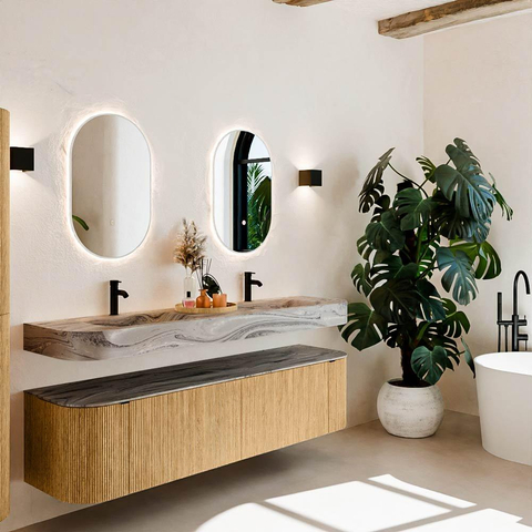 MONDIAZ THOR-DLUX 180cm meuble de salle de bains arrondi gauche + droite couleur Oak avec 2 tiroirs et 2 portes. Vasque suspendue CLOUD Double 2 trous de robinet couleur Sombra. SW1466253