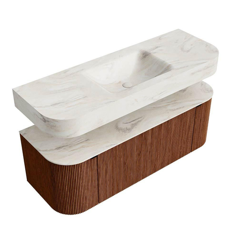 MONDIAZ THOR-DLUX 130cm meuble de salle de bains arrondi gauche + droite couleur Ruby avec 1 tiroir et 2 portes. Vasque suspendue CLOUD Milieu 1 trou de robinet couleur Ostra. SW1463766