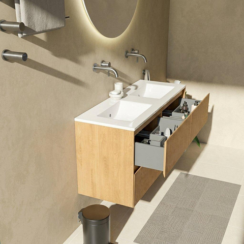 Saniclass Holz Atelier Badkamermeubelset - 120x45x62cm - Vygo keramische wastafel wit - 2 wasbakken - zonder kraangaten - 4 lades - mat eiken natural (hout) SW1437732