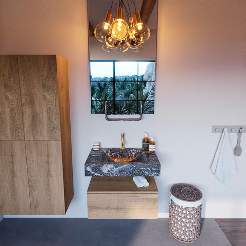 Mondiaz ALAN-DLUX Ensemble de meuble - 70cm - meuble Washed Oak mat - 1 tiroir - Lavabo Cloud Lava suspendu - vasque Centre - 1 trou de robinet SW808990