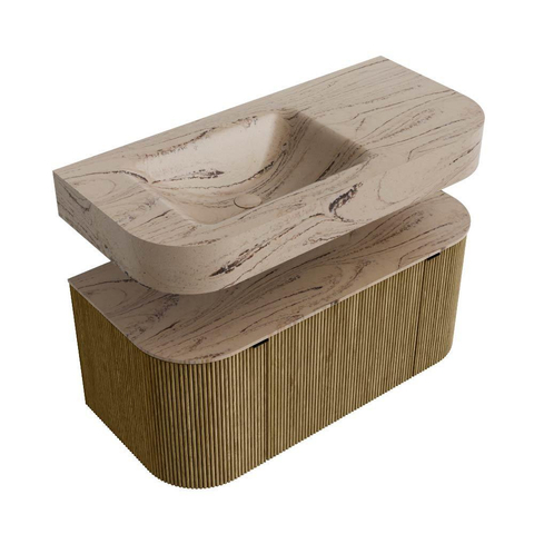 MONDIAZ THOR-DLUX 100cm meuble de salle de bains arrondi gauche + droite couleur Dusk avec 1 tiroir et 2 portes. Vasque suspendue CLOUD gauche 1 trou de robinet couleur Arena. SW1467455