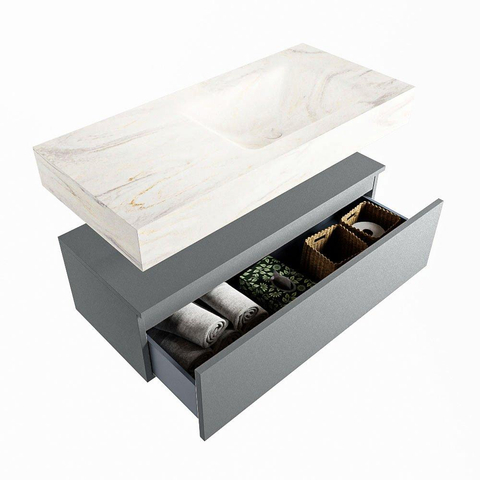 Mondiaz ALAN-DLUX Ensemble de meuble - 100cm - meuble Plata mat - 1 tiroir - Lavabo Cloud Ostra suspendu - vasque Droite - 0 trous de robinet SW807820