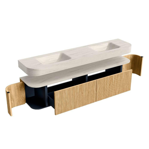 MONDIAZ THOR-DLUX 200cm meuble de salle de bains arrondi gauche + droite couleur Chêne avec 2 tiroirs et 2 portes. Vasque suspendue CLOUD Double 2 trous de robinet couleur Meli. SW1467098