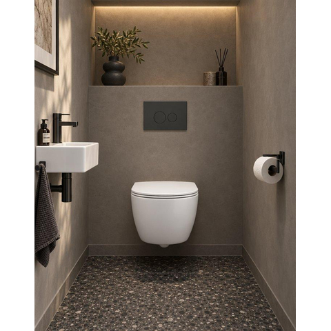 QeramiQ Dely Swirl Compact Toiletset - inbouwreservoir QeramiQ flush - slim zitting - kunststof bedieningsplaat mat antraciet - ronde knoppen - glans wit SW1590518