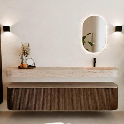 MONDIAZ THOR-DLUX Meuble de salle de bains - 200cm - arrondi gauche + droite - couleur Walnut - 2 tiroirs - 2 portes - Vasque suspendue CLOUD droite 1 trou de robinet couleur Saba SW1467223