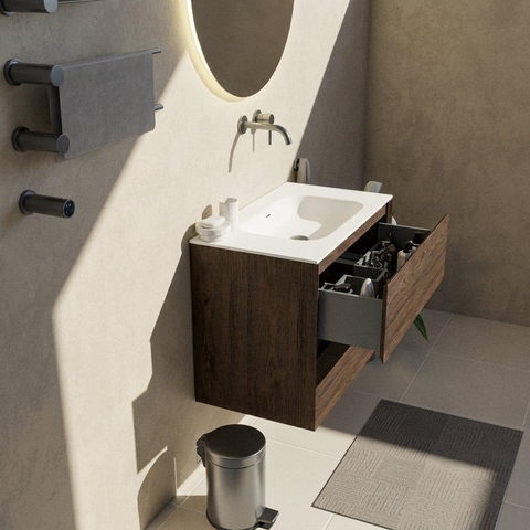 Saniclass Holz Pure Badkamermeubelset - 80x45x61.5cm - Flow solid surface wastafel wit - 1 wasbak - zonder kraangat - 2 lades - mat eiken charcoal (hout) SW1478381