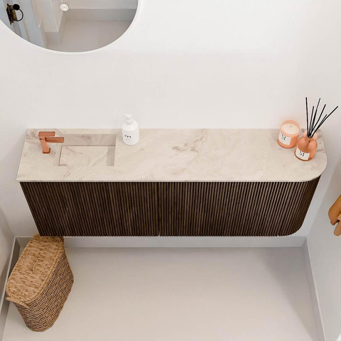Mondiaz JOYA-DLUX 111.6cm toiletmeubel - ronding rechts kleur Walnut - Wastafel FAYE positie Links 1 kraangat kleur Frappe. SW1422331