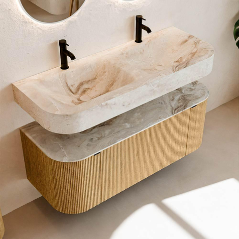 MONDIAZ THOR-DLUX 120cm badmeubel ronding links + rechts kleur Oak met 1 lade en 2 deuren. Vrijhangende wastafel CLOUD Dubbel 2 kraangaten kleur Frappe. SW1463050