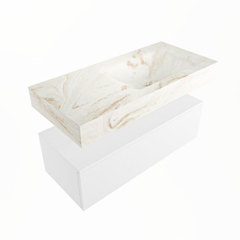 Mondiaz ALAN-DLUX Ensemble de meuble - 100cm - meuble Talc mat - 1 tiroir - Lavabo Cloud Frappe suspendu - vasque Droite - 0 trous de robinet SW805051