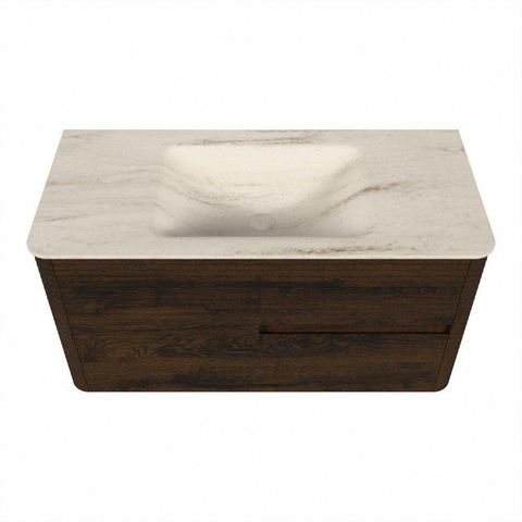 Mondiaz CIRO-DLUX Ensemble de meubles de salle de bains - 100x45x50cm - lavabo solid surface Meli - 1 vasque au milieu - sans trous de robinet - 2 tiroirs - Noyer SW1530479