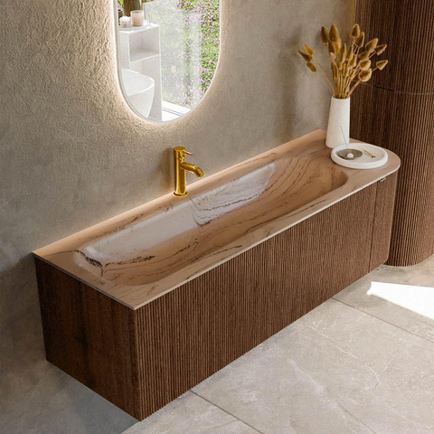 MONDIAZ KURVE-DLUX Meuble de salle de bains 145cm arrondi à droite couleur Walnut avec 1 tiroir et 1 porte. Lavabo BIG LARGE à gauche 1 trou de robinet Arena. SW1431223